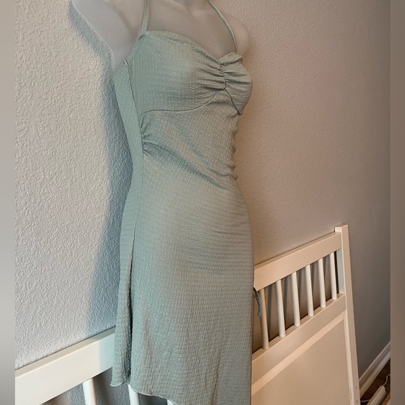 Seafoam green babydoll asymmetrical ruched Halter Neck Dress in Light green S/4 - Picture 3 of 6
